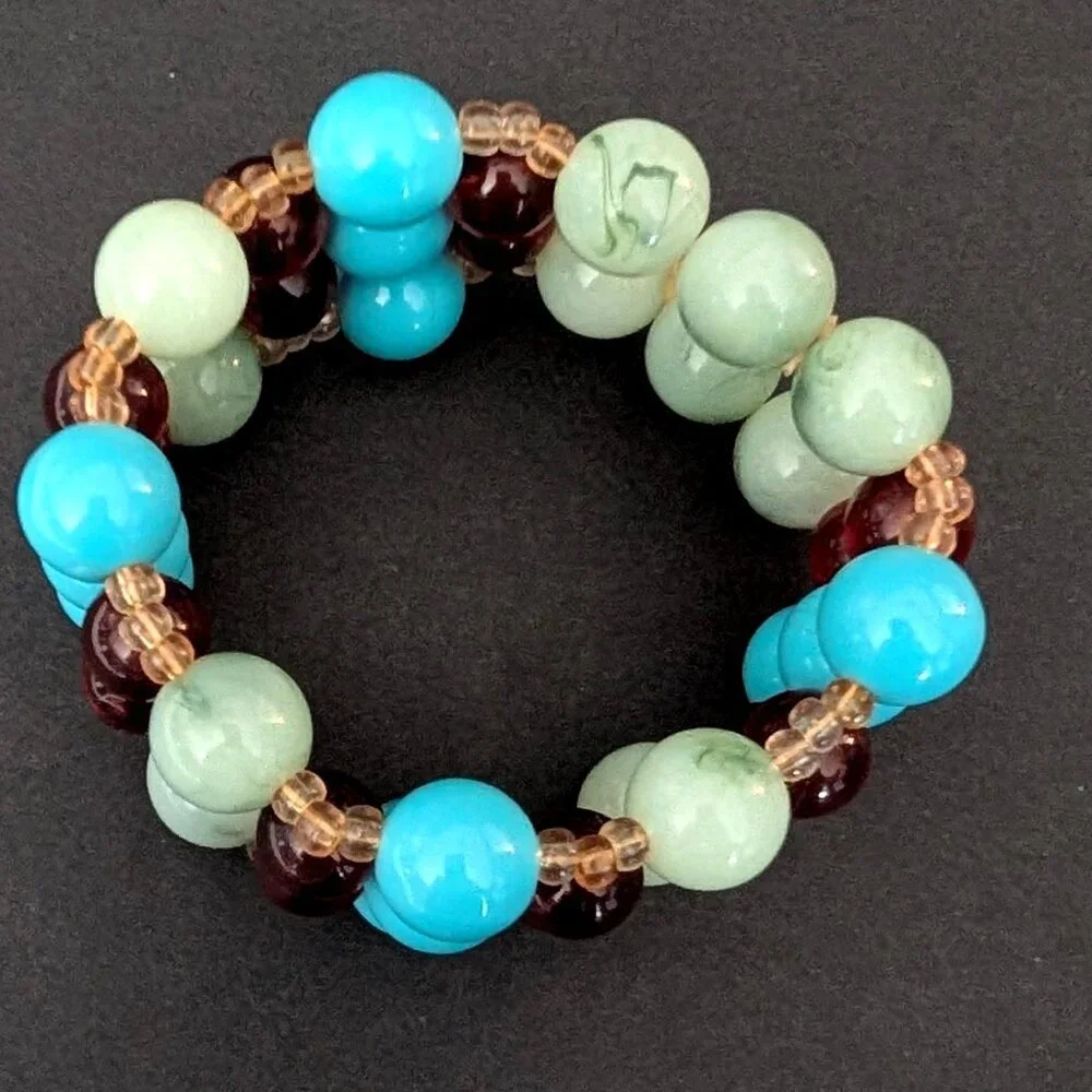 Blue, amber, green and pale yellow beaded stretch bracelet